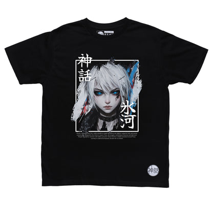 white-haired, blue-eyed anime girl with ice powers in black t-shirt by Shinwa, streetwear brand from the Philippines