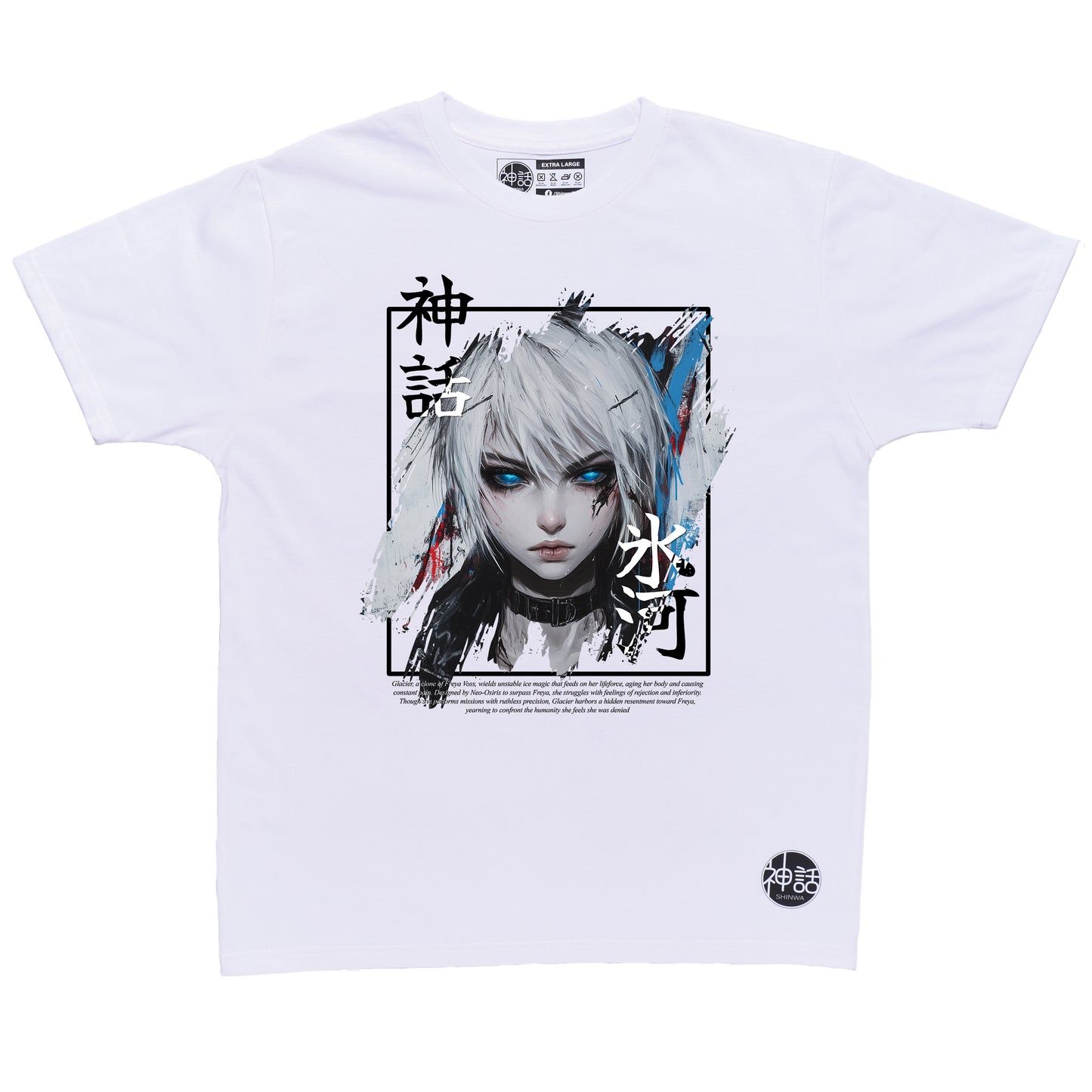 white-haired, blue-eyed anime girl with ice powers in white t-shirt by Shinwa, streetwear brand from the Philippines