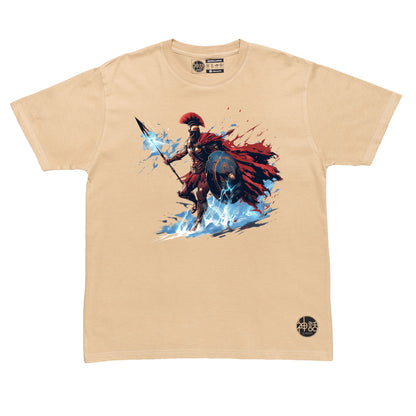 bold warrior Ares illustration with flaming spear and red accents on beige  t-shirt by Shinwa, streetwear brand from the Philippines