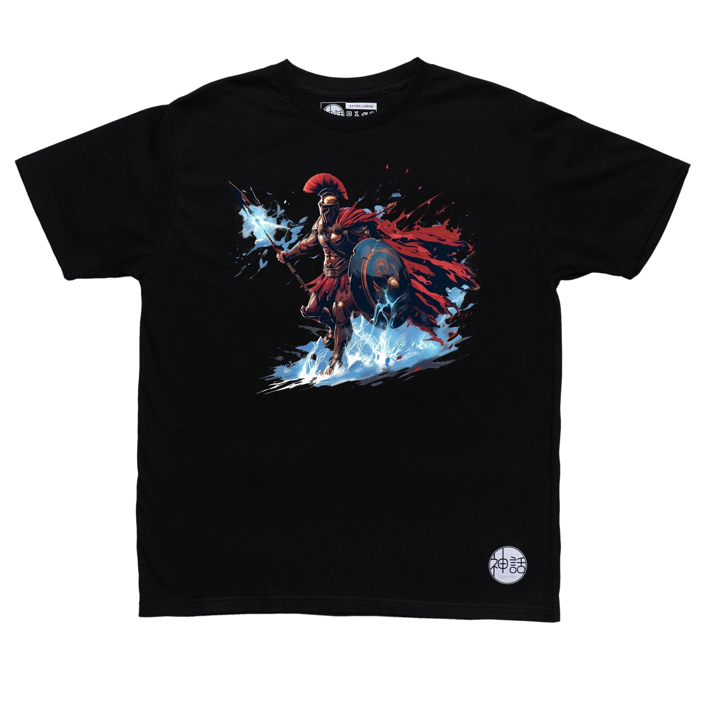 bold warrior Ares illustration with flaming spear and red accents on black t-shirt by Shinwa, streetwear brand from the Philippines