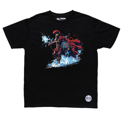 bold warrior Ares illustration with flaming spear and red accents on black t-shirt by Shinwa, streetwear brand from the Philippines