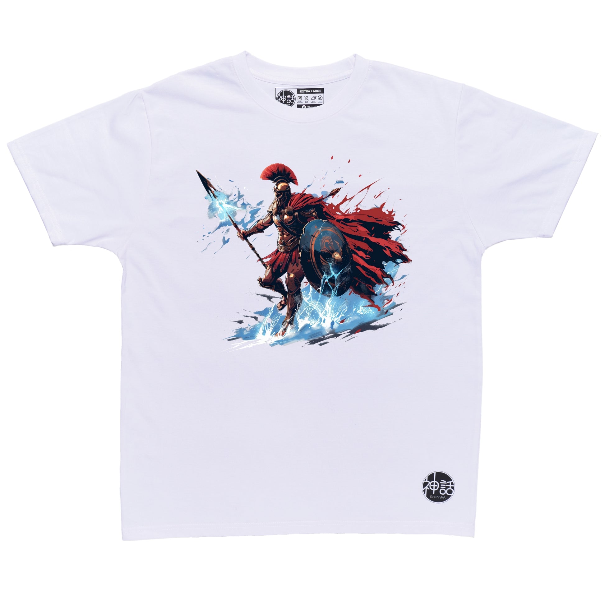 bold warrior Ares illustration with flaming spear and red accents on white t-shirt by Shinwa, streetwear brand from the Philippines