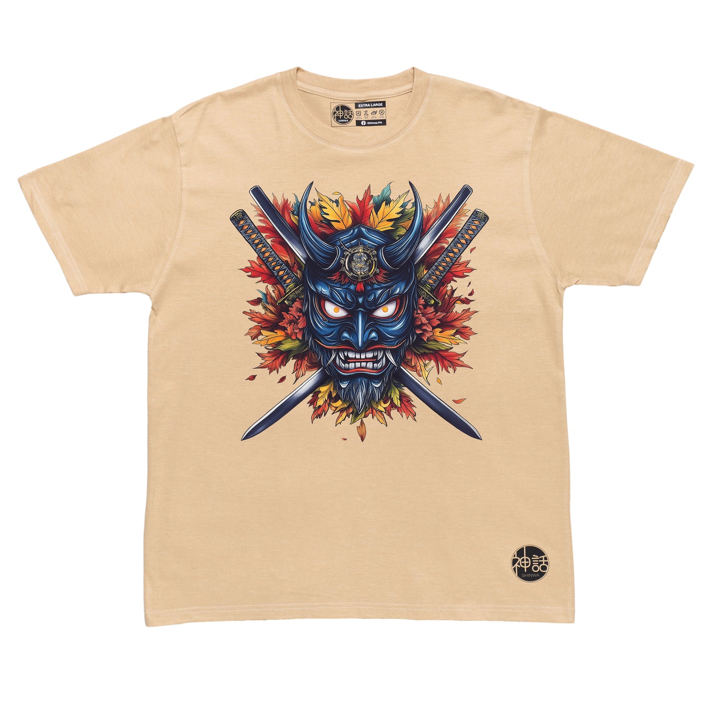 blue hanya oni mask baring fangs with crossed swords and autumn leaves on beige t-shirt by Shinwa, streetwear brand from the Philippines