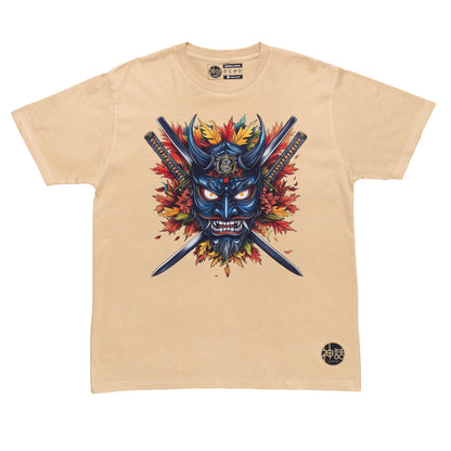 blue hanya oni mask baring fangs with crossed swords and autumn leaves on beige t-shirt by Shinwa, streetwear brand from the Philippines