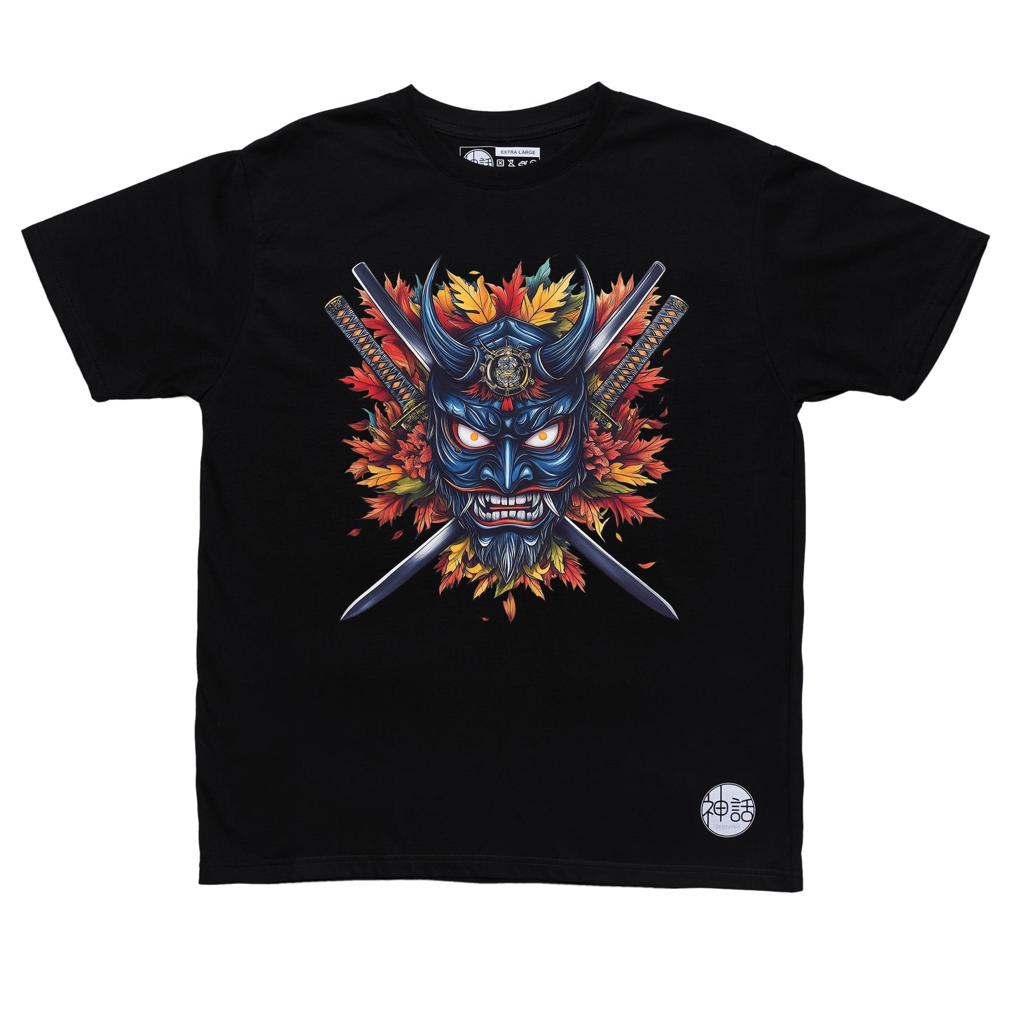 blue hanya oni mask baring fangs with crossed swords and autumn leaves on black t-shirt by Shinwa, streetwear brand from the Philippines