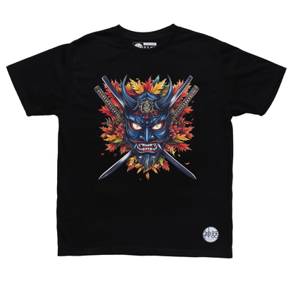 blue hanya oni mask baring fangs with crossed swords and autumn leaves on black t-shirt by Shinwa, streetwear brand from the Philippines
