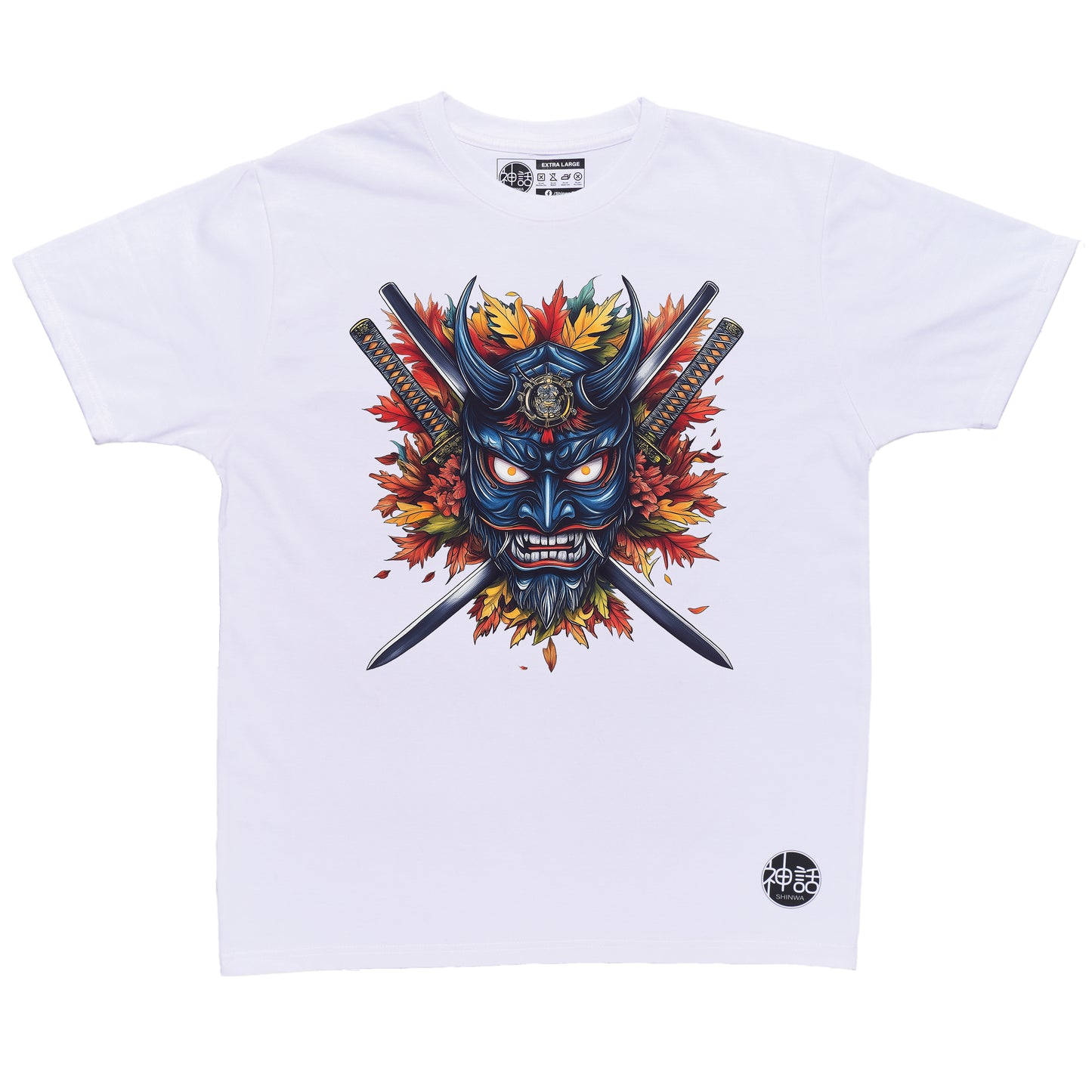 blue hanya oni mask baring fangs with crossed swords and autumn leaves on white t-shirt by Shinwa, streetwear brand from the Philippines