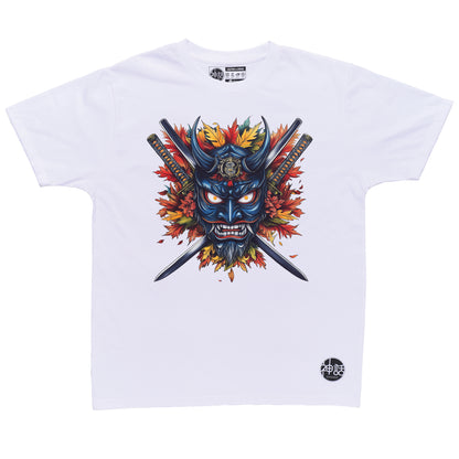 blue hanya oni mask baring fangs with crossed swords and autumn leaves on white t-shirt by Shinwa, streetwear brand from the Philippines