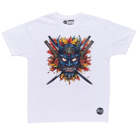 blue hanya oni mask baring fangs with crossed swords and autumn leaves on white t-shirt by Shinwa, streetwear brand from the Philippines