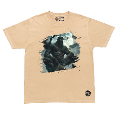 kapre sitting on tree branch looking off-camera on beige t-shirt by Shinwa, streetwear brand from the Philippines