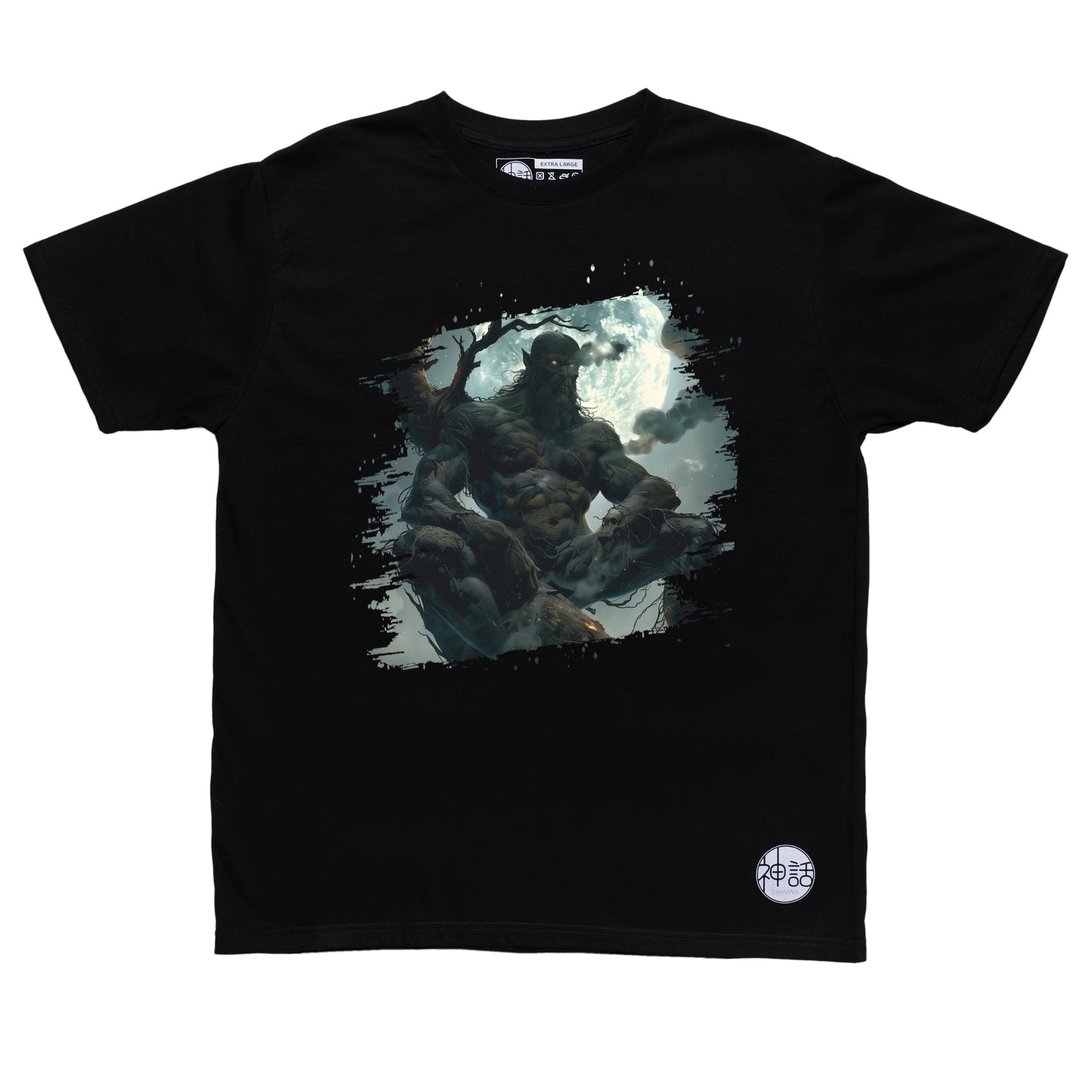 kapre sitting on tree branch looking off-camera on black t-shirt by Shinwa, streetwear brand from the Philippines