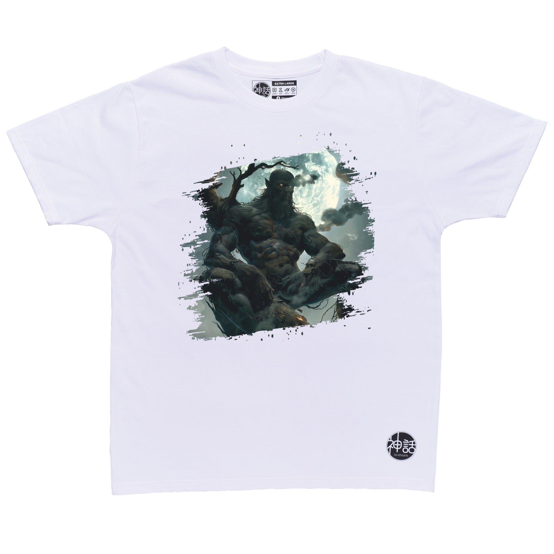 kapre sitting on tree branch looking off-camera on white t-shirt by Shinwa, streetwear brand from the Philippines