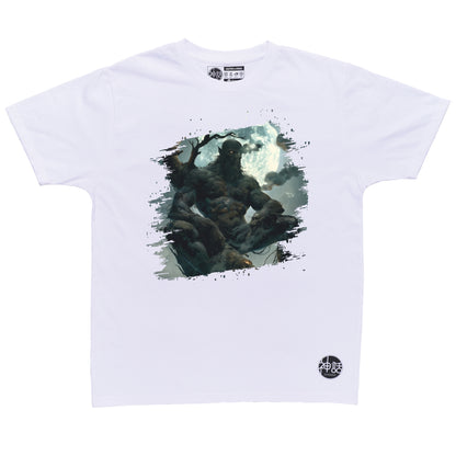 kapre sitting on tree branch looking off-camera on white t-shirt by Shinwa, streetwear brand from the Philippines