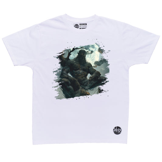 kapre sitting on tree branch looking off-camera on white t-shirt by Shinwa, streetwear brand from the Philippines