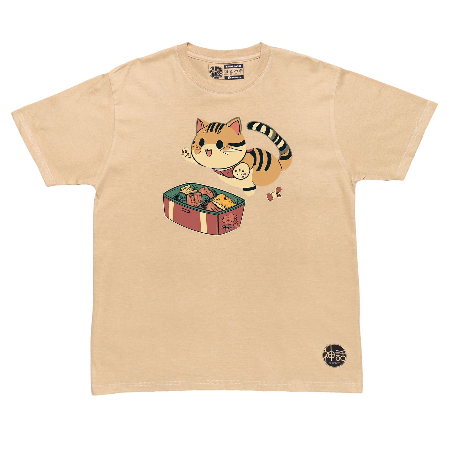kawaii-style orange cat leaping at bento box in beige t-shirt by Shinwa, streetwear brand from the Philippines