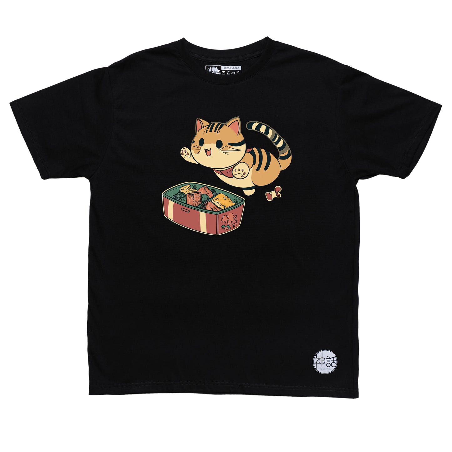 kawaii-style orange cat leaping at bento box in black t-shirt by Shinwa, streetwear brand from the Philippines