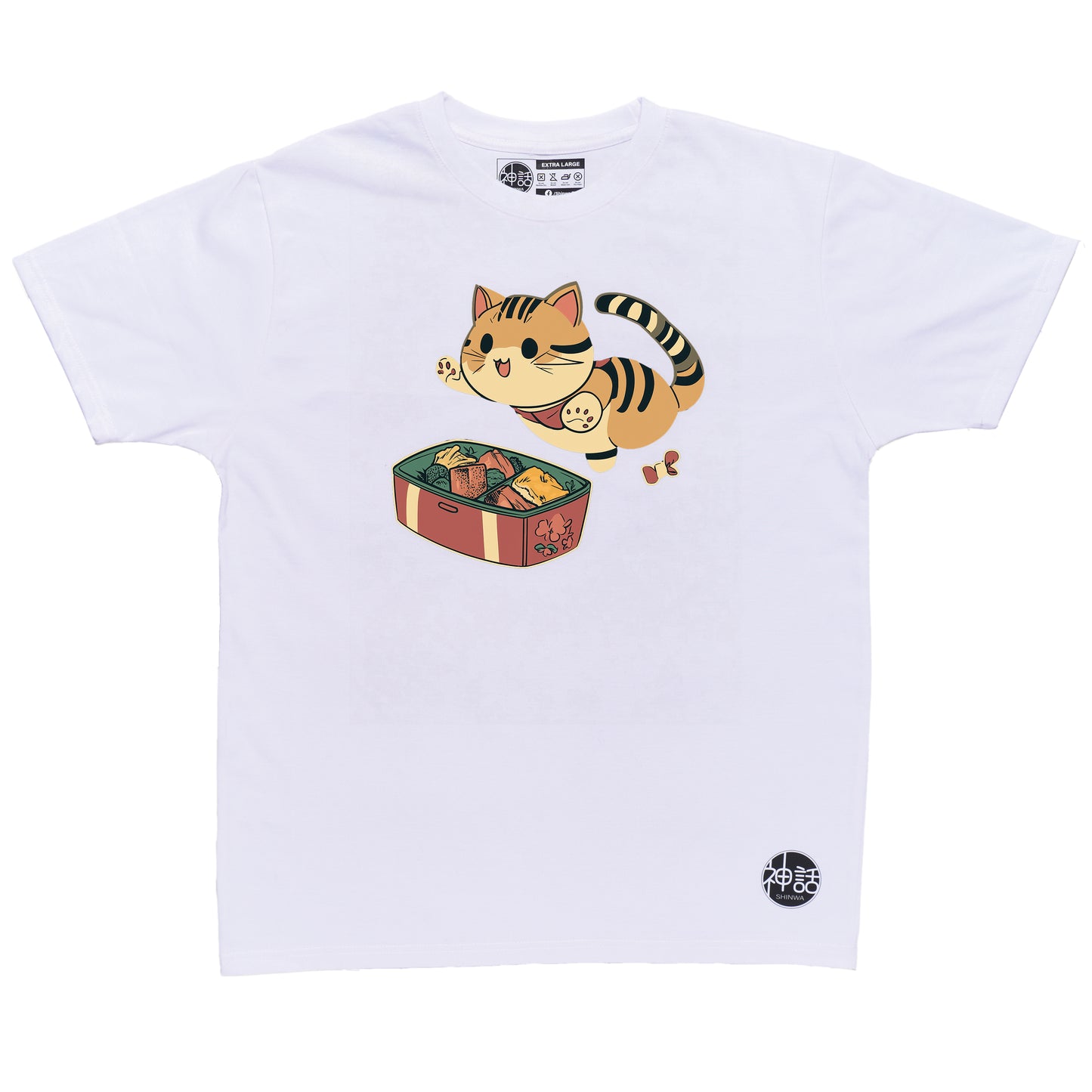 kawaii-style orange cat leaping at bento box in white t-shirt by Shinwa, streetwear brand from the Philippines