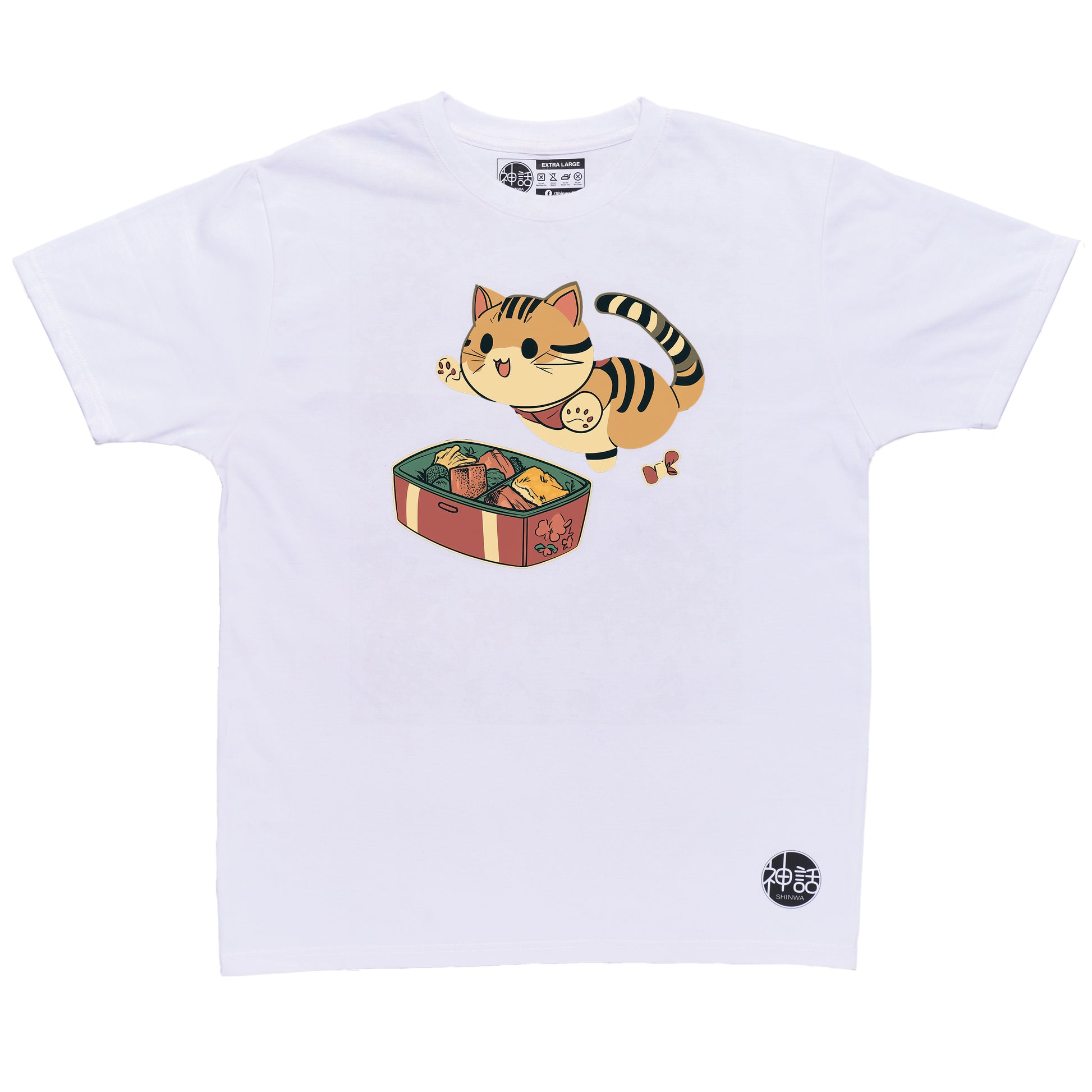 kawaii-style orange cat leaping at bento box in white t-shirt by Shinwa, streetwear brand from the Philippines
