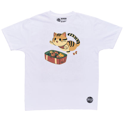 kawaii-style orange cat leaping at bento box in white t-shirt by Shinwa, streetwear brand from the Philippines