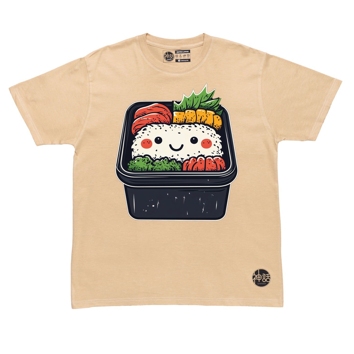 cute sushi roll graphic on beige t-shirt by Shinwa, streetwear brand from the Philippines