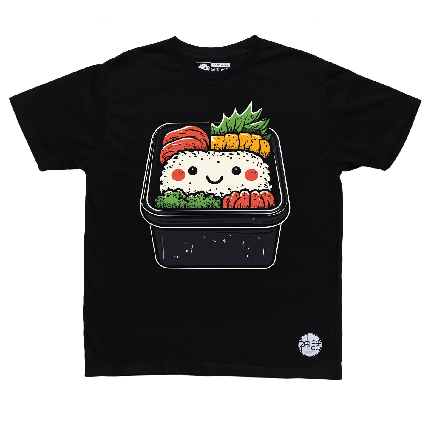 cute sushi roll graphic on black t-shirt by Shinwa, streetwear brand from the Philippines