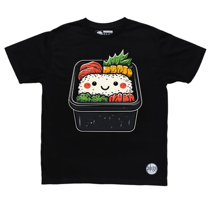 cute sushi roll graphic on black t-shirt by Shinwa, streetwear brand from the Philippines