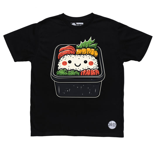 cute sushi roll graphic on black t-shirt by Shinwa, streetwear brand from the Philippines