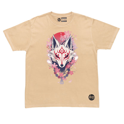 kitsune fox mask with cherry blossom background in beige t-shirt by Shinwa, streetwear brand from the Philippines