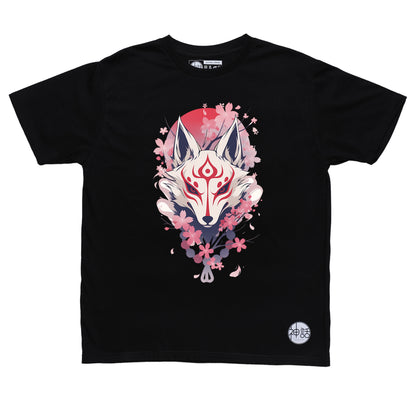 kitsune fox mask with cherry blossom background in black t-shirt by Shinwa, streetwear brand from the Philippines