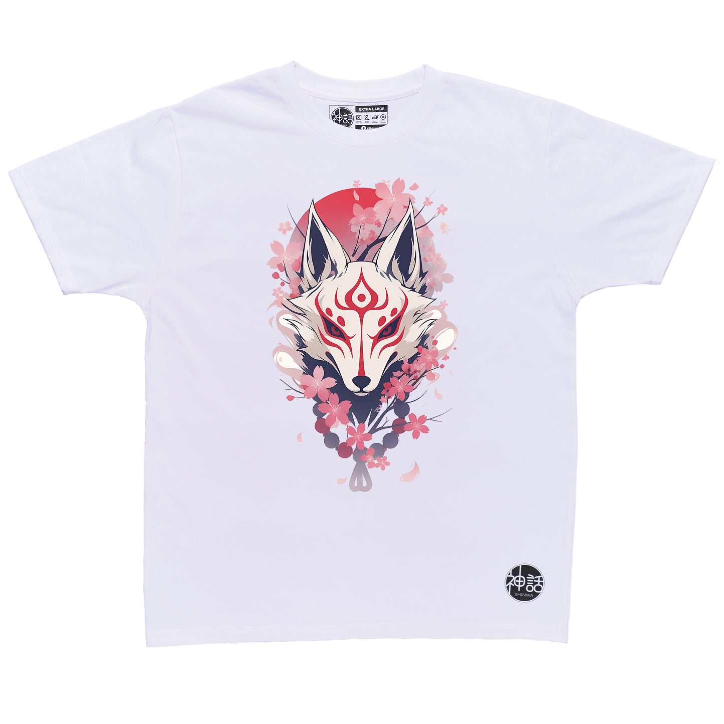 kitsune fox mask with cherry blossom background in white t-shirt by Shinwa, streetwear brand from the Philippines