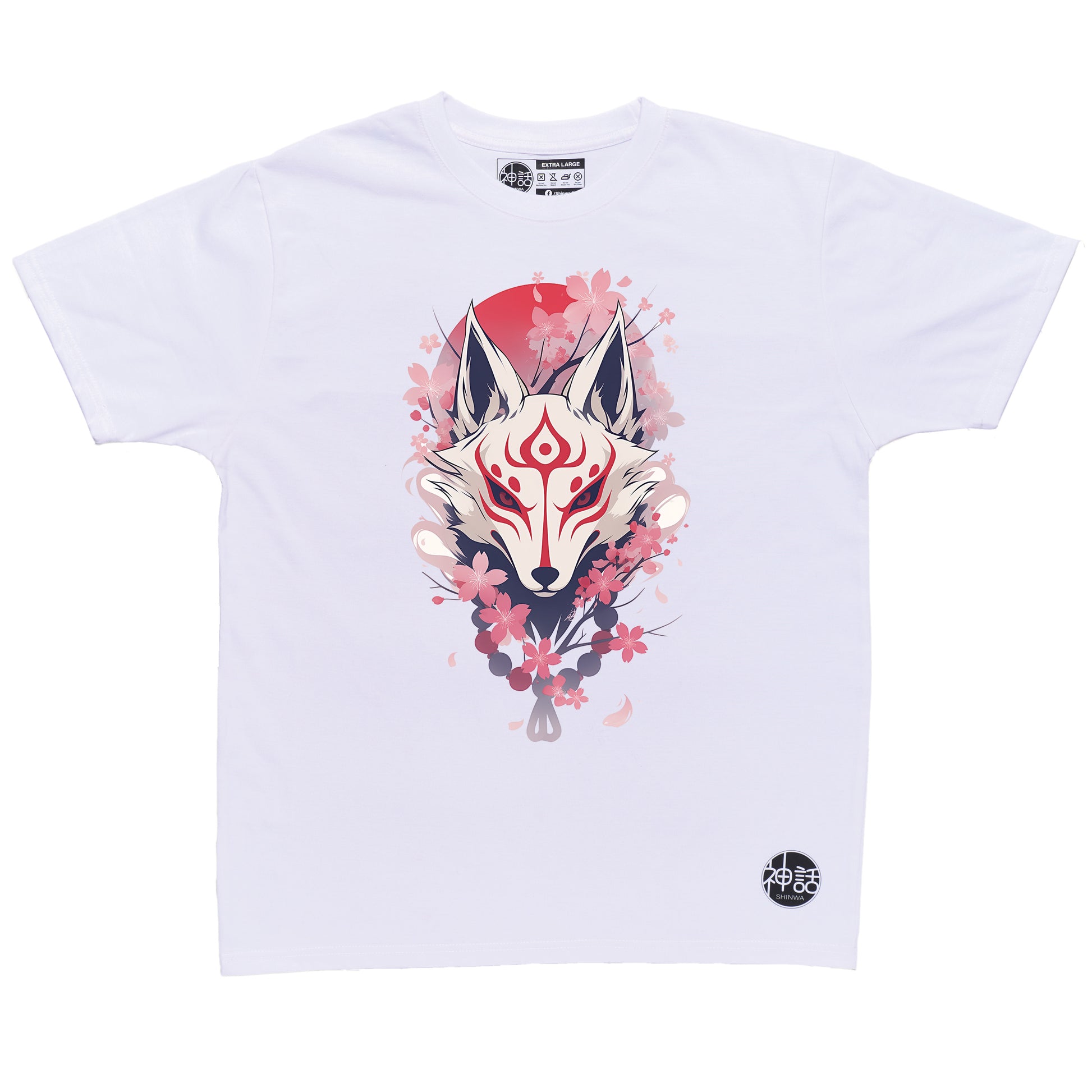 kitsune fox mask with cherry blossom background in white t-shirt by Shinwa, streetwear brand from the Philippines