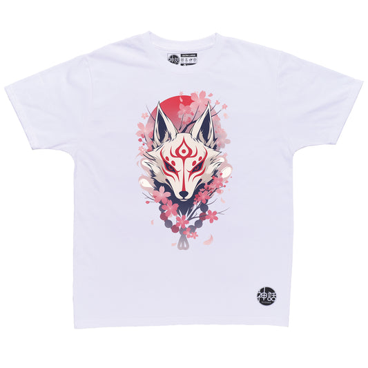kitsune fox mask with cherry blossom background in white t-shirt by Shinwa, streetwear brand from the Philippines