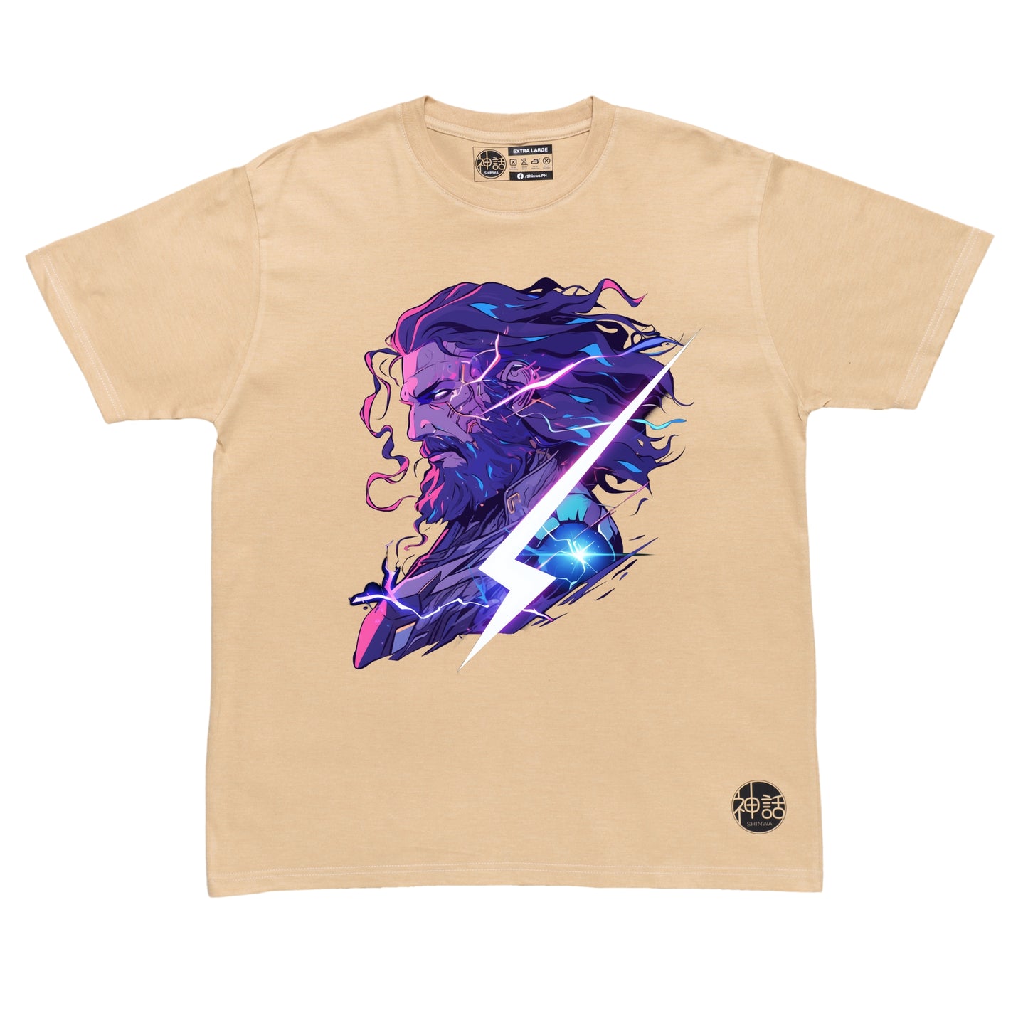intense Zeus in Lightning Fury pose surrounded by charged bolts on beige t-shirt by Shinwa, streetwear brand from the Philippines