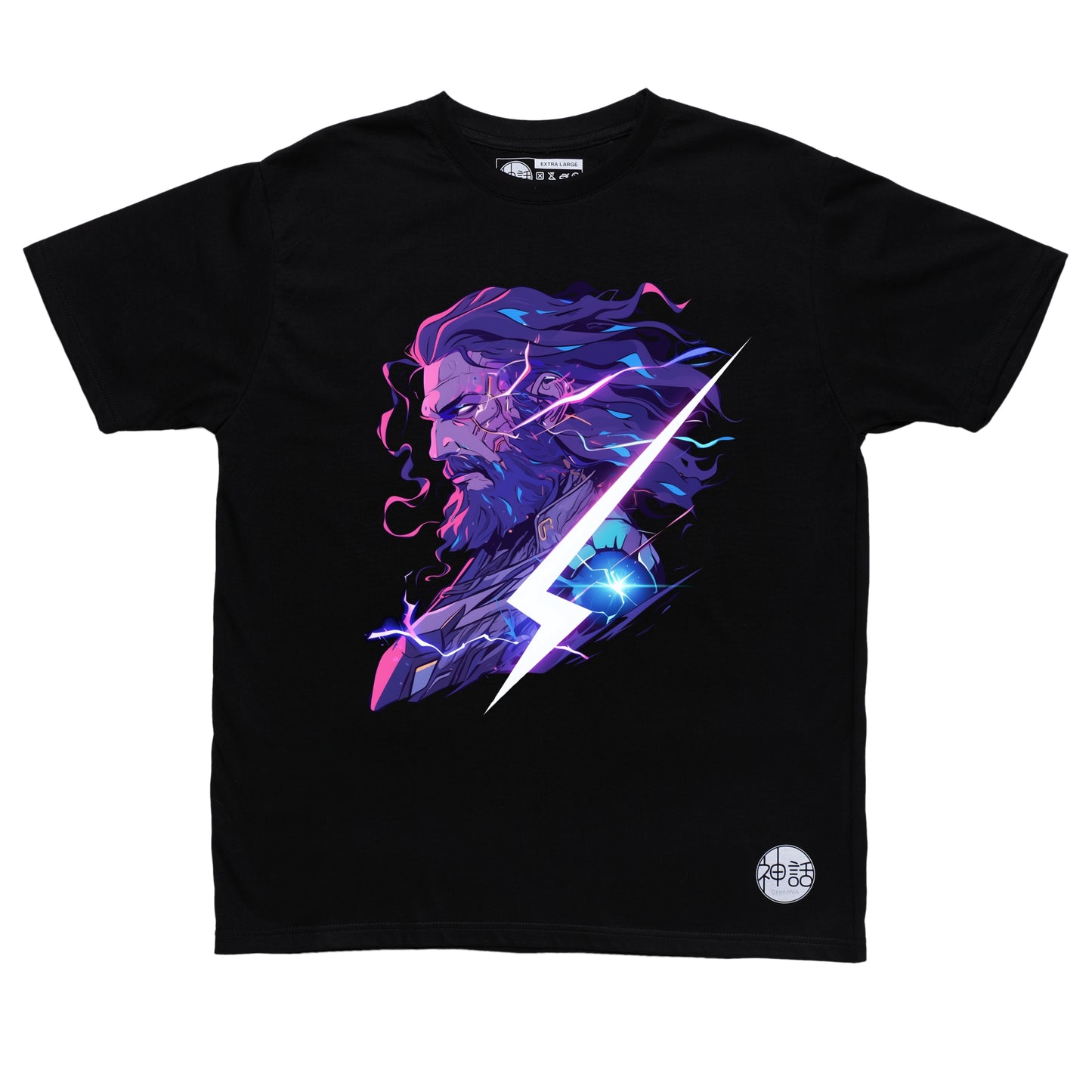 intense Zeus in Lightning Fury pose surrounded by charged bolts on black t-shirt by Shinwa, streetwear brand from the Philippines