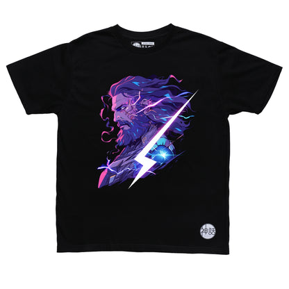 intense Zeus in Lightning Fury pose surrounded by charged bolts on black t-shirt by Shinwa, streetwear brand from the Philippines