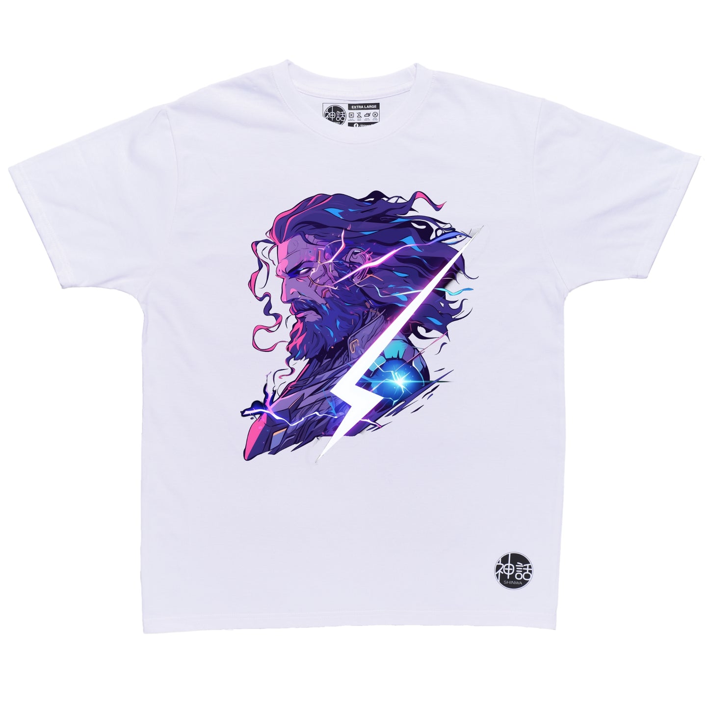 intense Zeus in Lightning Fury pose surrounded by charged bolts on white t-shirt by Shinwa, streetwear brand from the Philippines