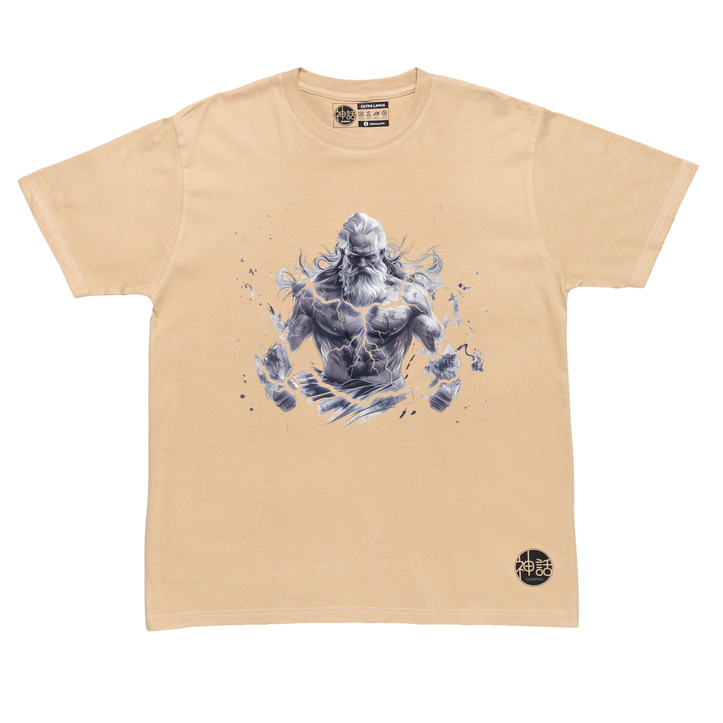mighty Zeus Lightning God with thunderbolts on beige t-shirt by Shinwa, streetwear brand from the Philippines