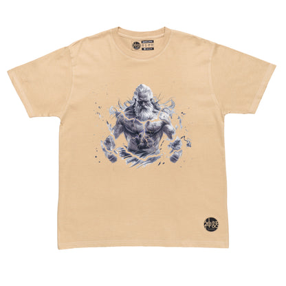 mighty Zeus Lightning God with thunderbolts on beige t-shirt by Shinwa, streetwear brand from the Philippines