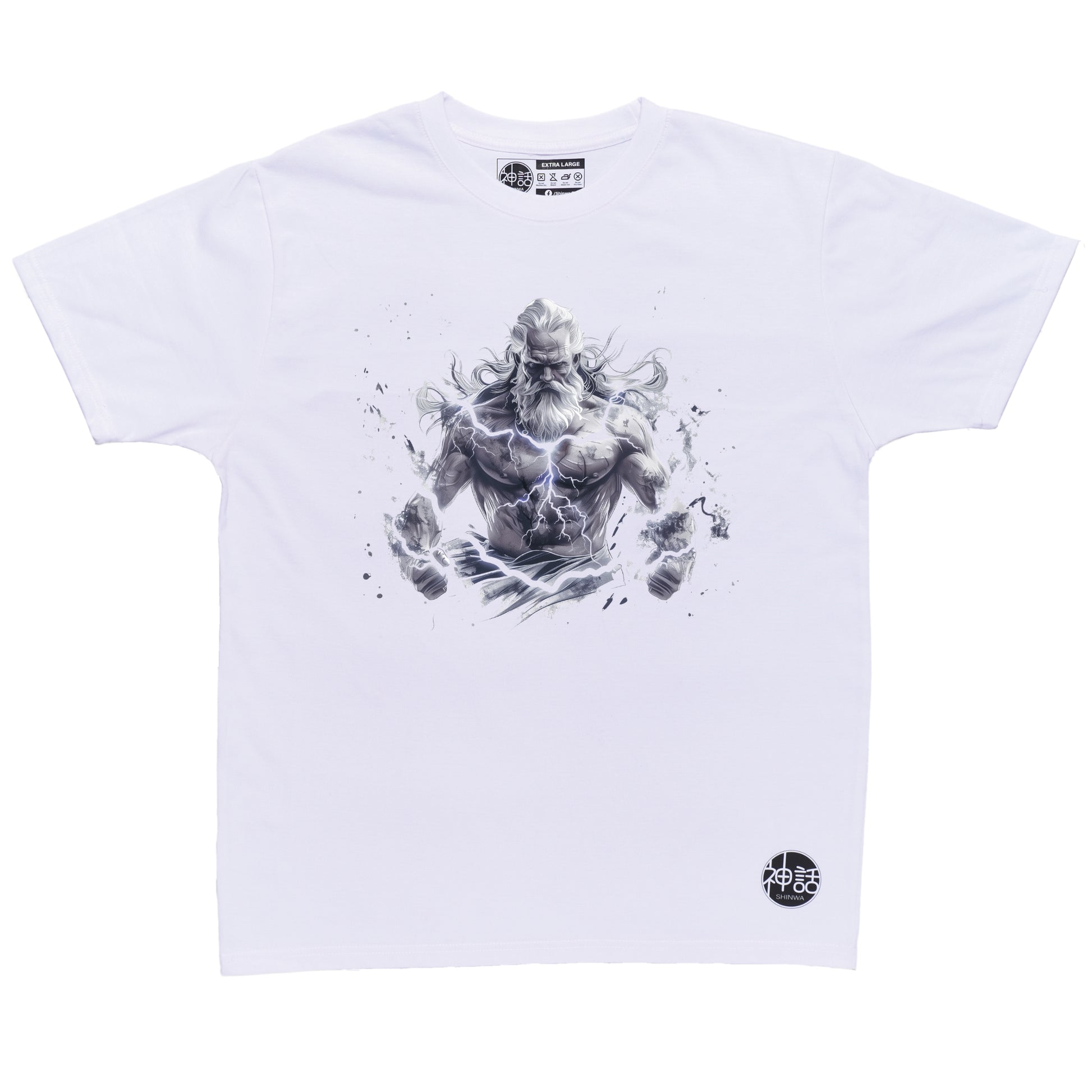 mighty Zeus Lightning God with thunderbolts on white t-shirt by Shinwa, streetwear brand from the Philippines