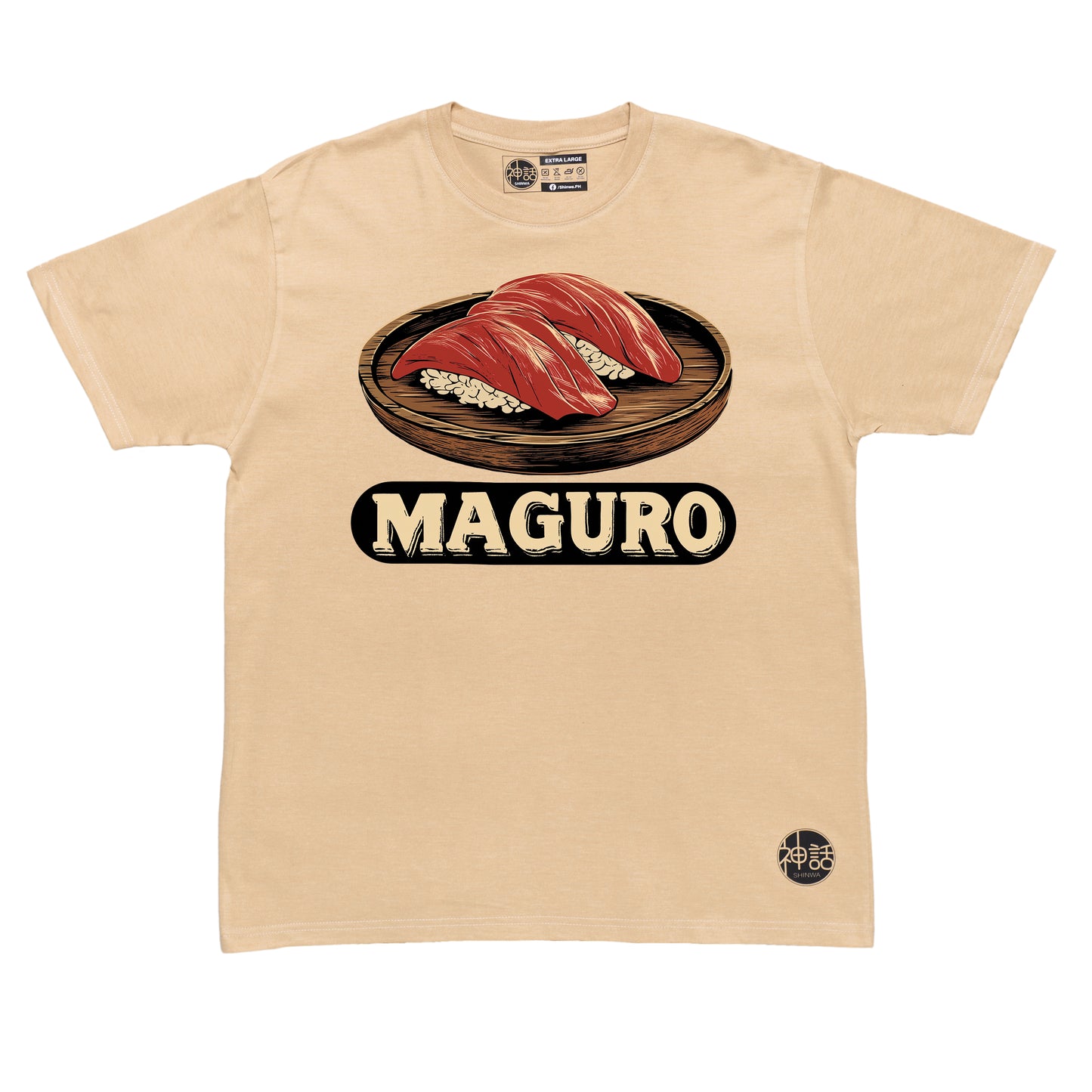 stylized tuna sushi graphic on beige t-shirt by Shinwa, streetwear brand from the Philippines