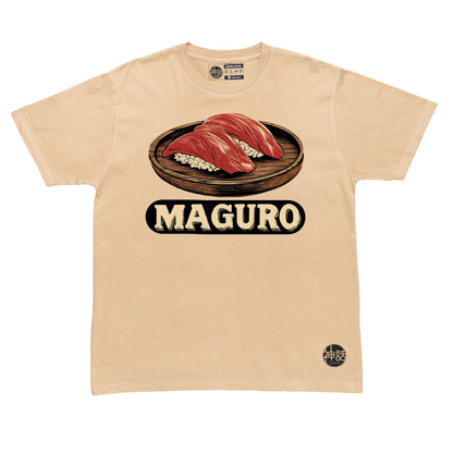 stylized tuna sushi graphic on beige t-shirt by Shinwa, streetwear brand from the Philippines