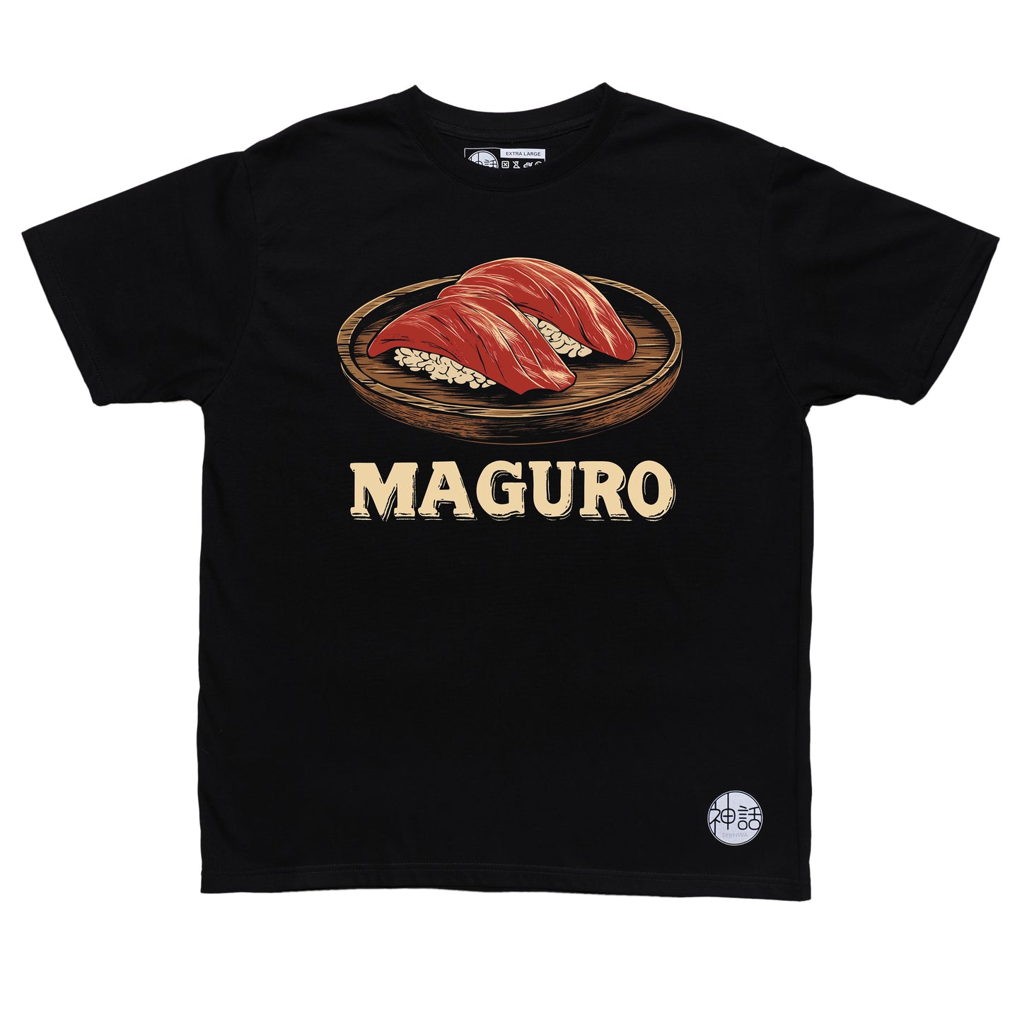 stylized tuna sushi graphic on black t-shirt by Shinwa, streetwear brand from the Philippines