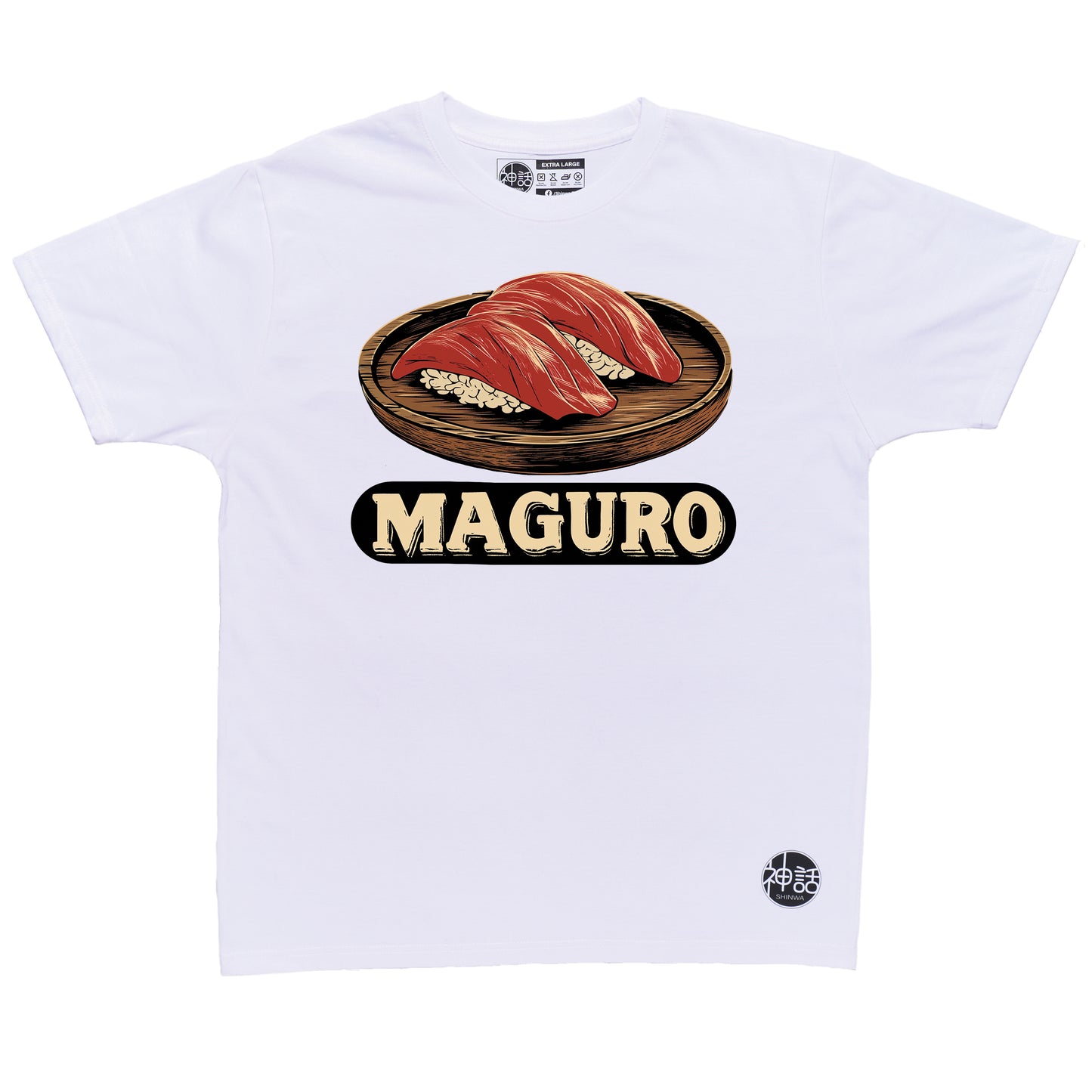 stylized tuna sushi graphic on white t-shirt by Shinwa, streetwear brand from the Philippines