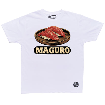 stylized tuna sushi graphic on white t-shirt by Shinwa, streetwear brand from the Philippines