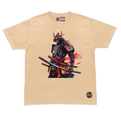 full-body demon samurai illustration with dual swords and oil painting texture on beige t-shirt by Shinwa, streetwear brand from the Philippines