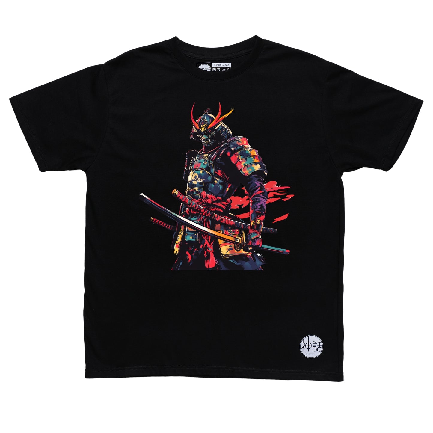 full-body demon samurai illustration with dual swords and oil painting texture on black t-shirt by Shinwa, streetwear brand from the Philippines