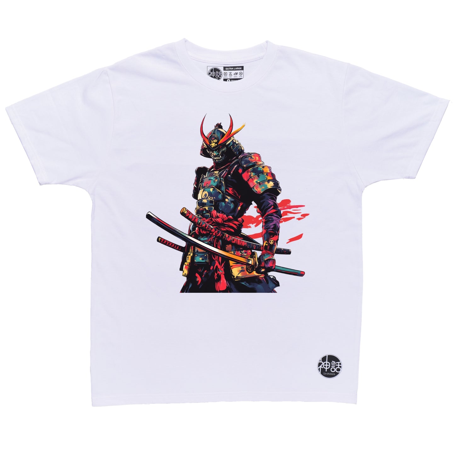 full-body demon samurai illustration with dual swords and oil painting texture on white t-shirt by Shinwa, streetwear brand from the Philippines