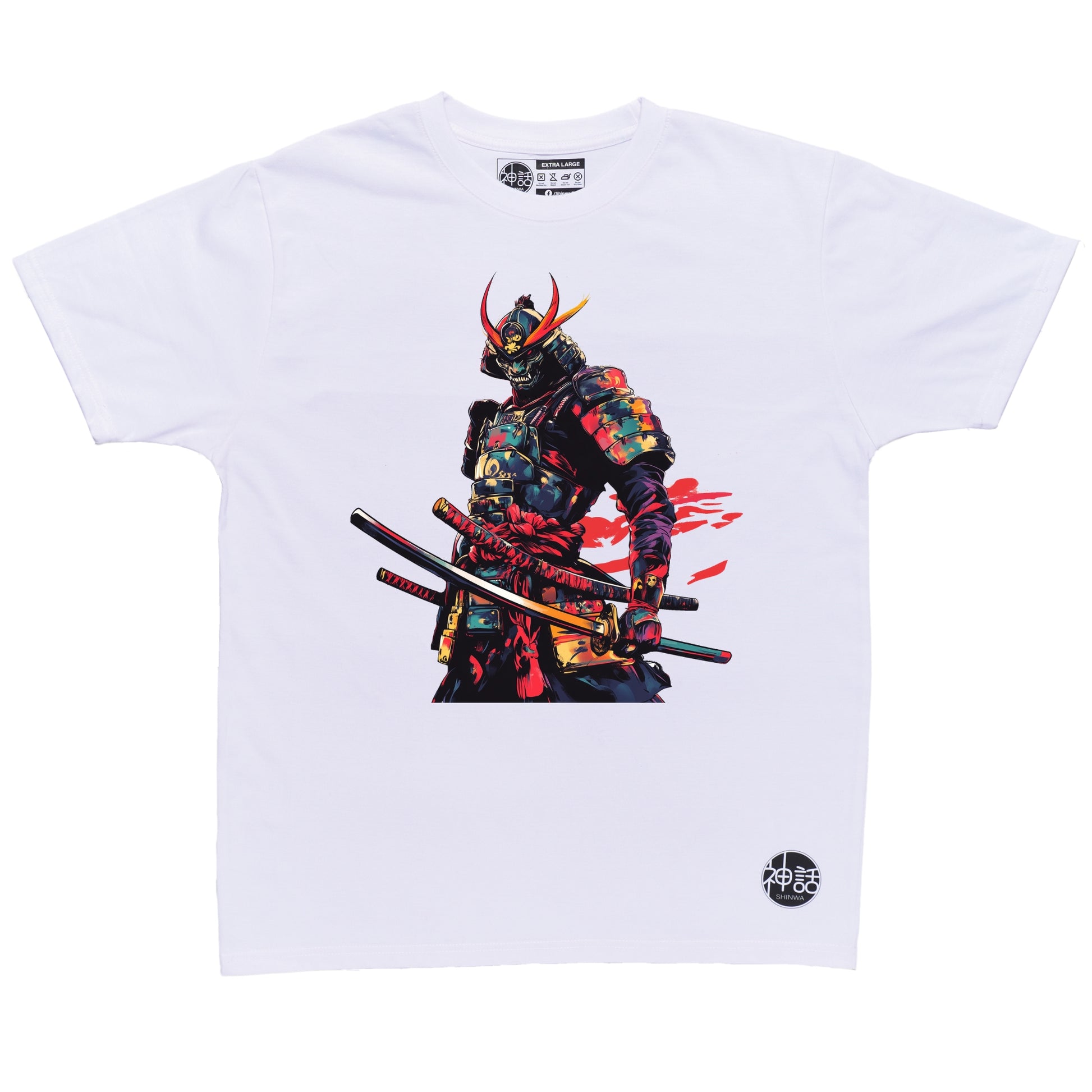 full-body demon samurai illustration with dual swords and oil painting texture on white t-shirt by Shinwa, streetwear brand from the Philippines