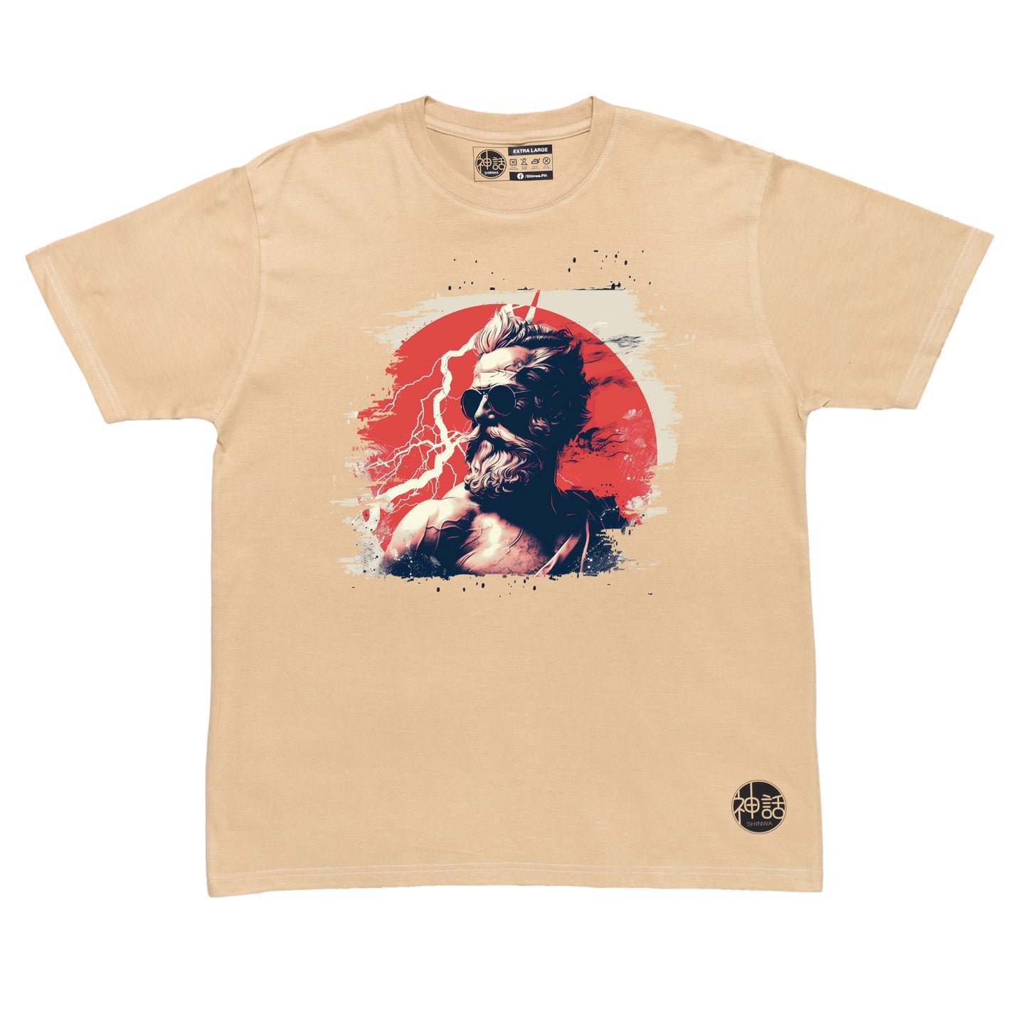 stylish modern Zeus deity with urban storm scene on beige t-shirt by Shinwa, streetwear brand from the Philippines