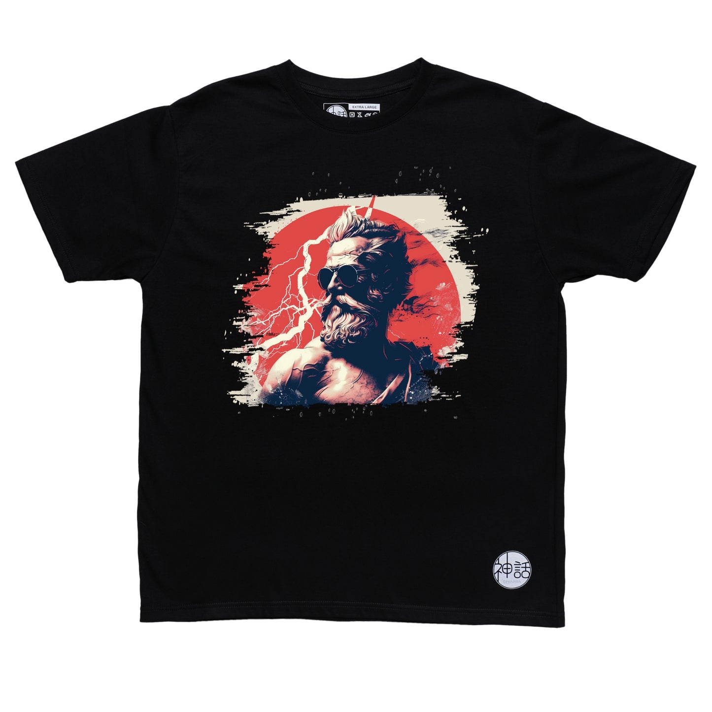 stylish modern Zeus deity with urban storm scene on black t-shirt by Shinwa, streetwear brand from the Philippines
